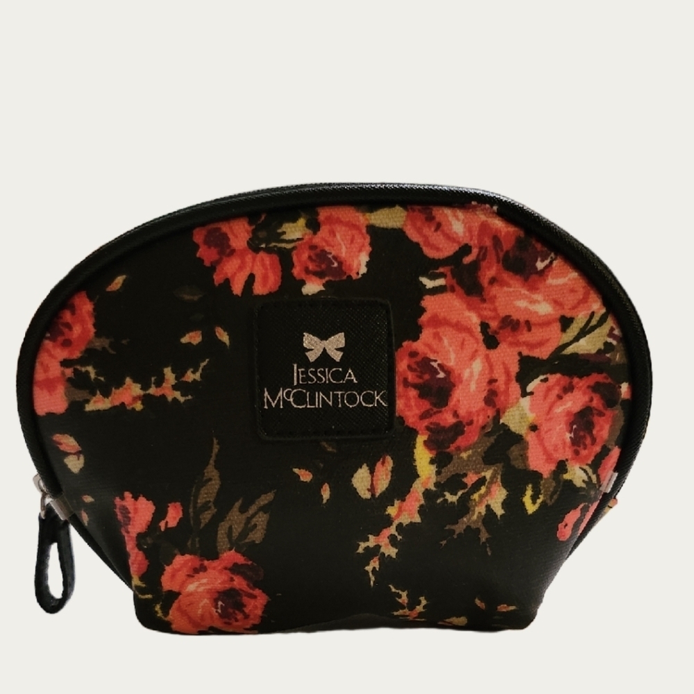 Jessica McClintock Black and Pink Cosmetic Bag with Floral Design, EUC